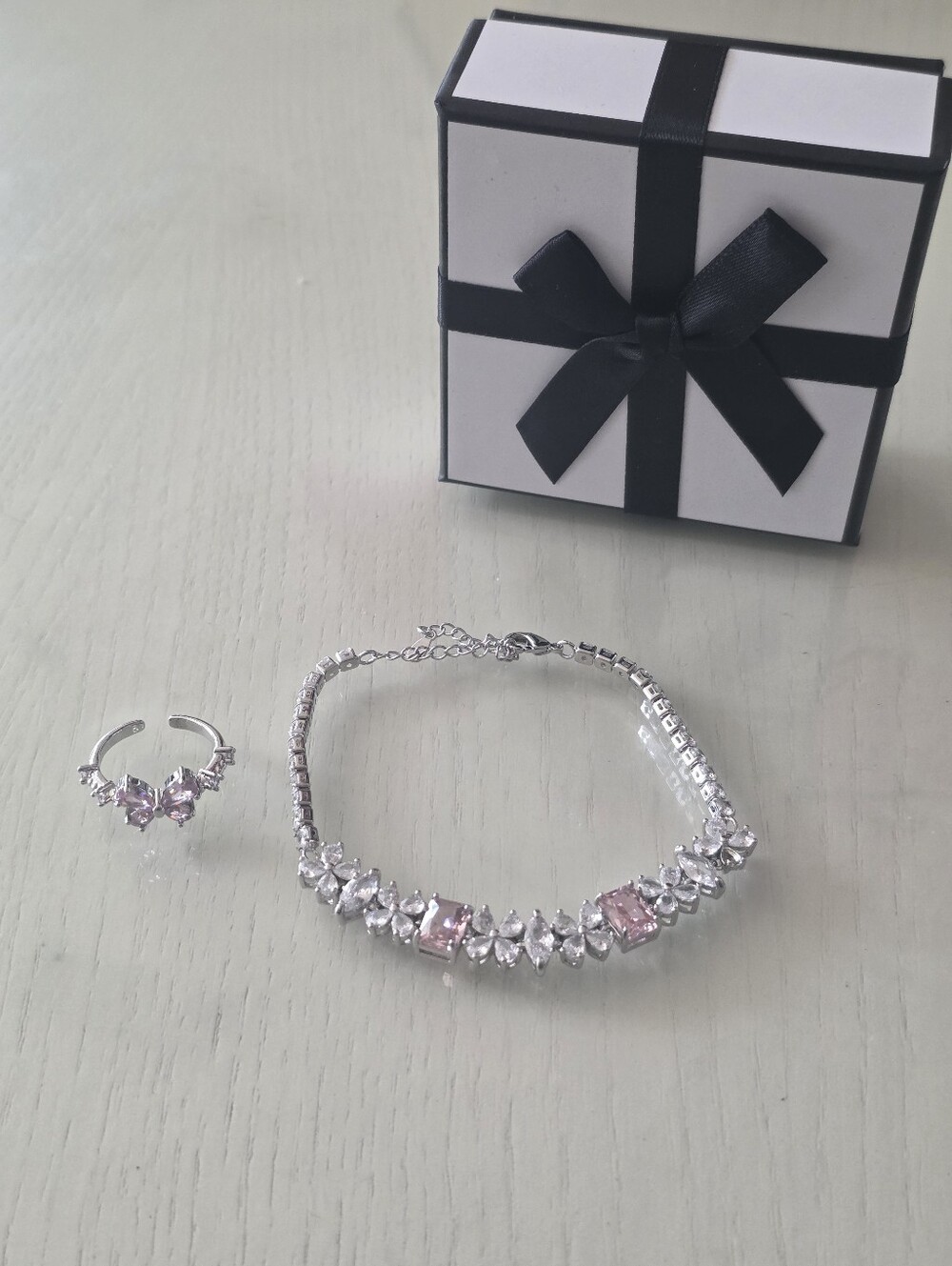 Pink & silver bow crystal Bracelet and Ring set with pink & clear gemstones